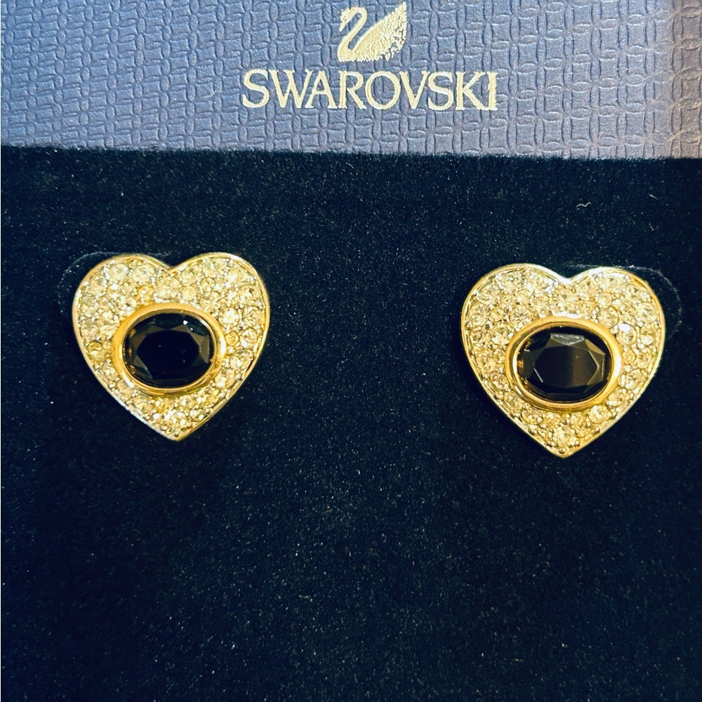 🦢Vintage Swarovski Gold and Black Heart Earrings🦢